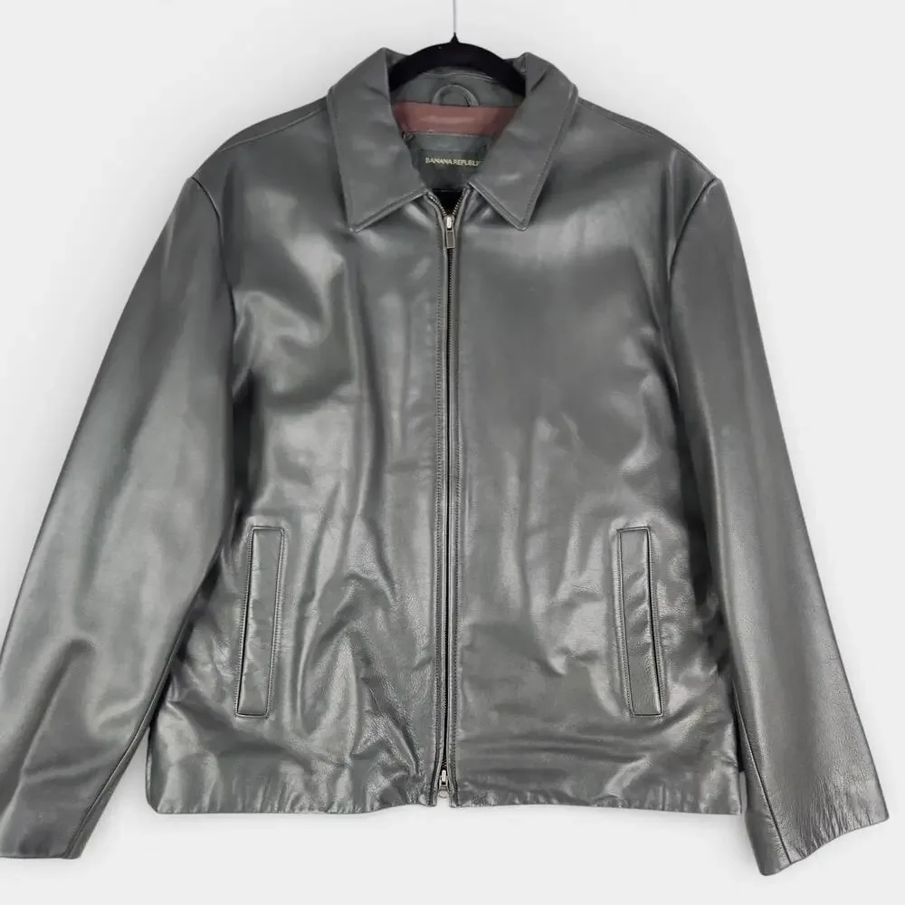 Y2K Banana Republic Leather Bomber Jacket Mens Large Gray Biker Zip Vents Lined